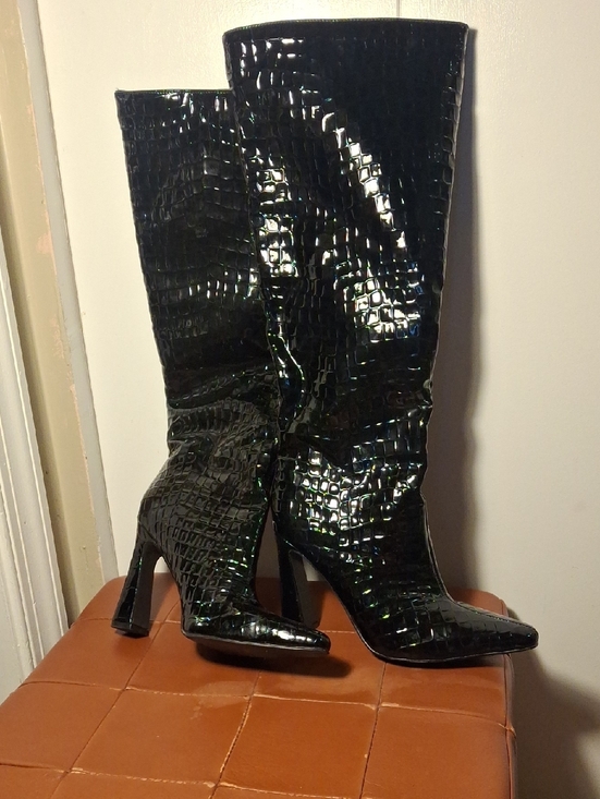 Forever 21 Shoes - Forever 21 Black Patent Croc-Embossed Knee Boots - Women's Heeled Fashion Boots